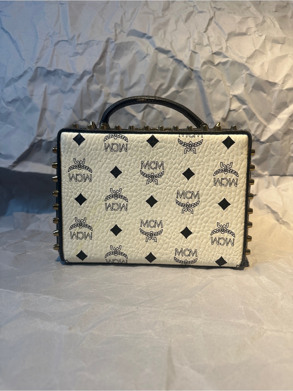 Genuine MCM White and Black Logo Studded Mini Top-Handle Bag